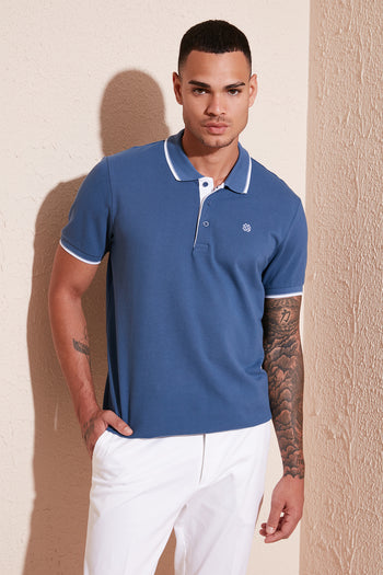 Buratti % 100 Pamuk Düğmeli Slim Fit Erkek Polo Yaka T Shirt 5902118 Koyu Mavi-Beyaz