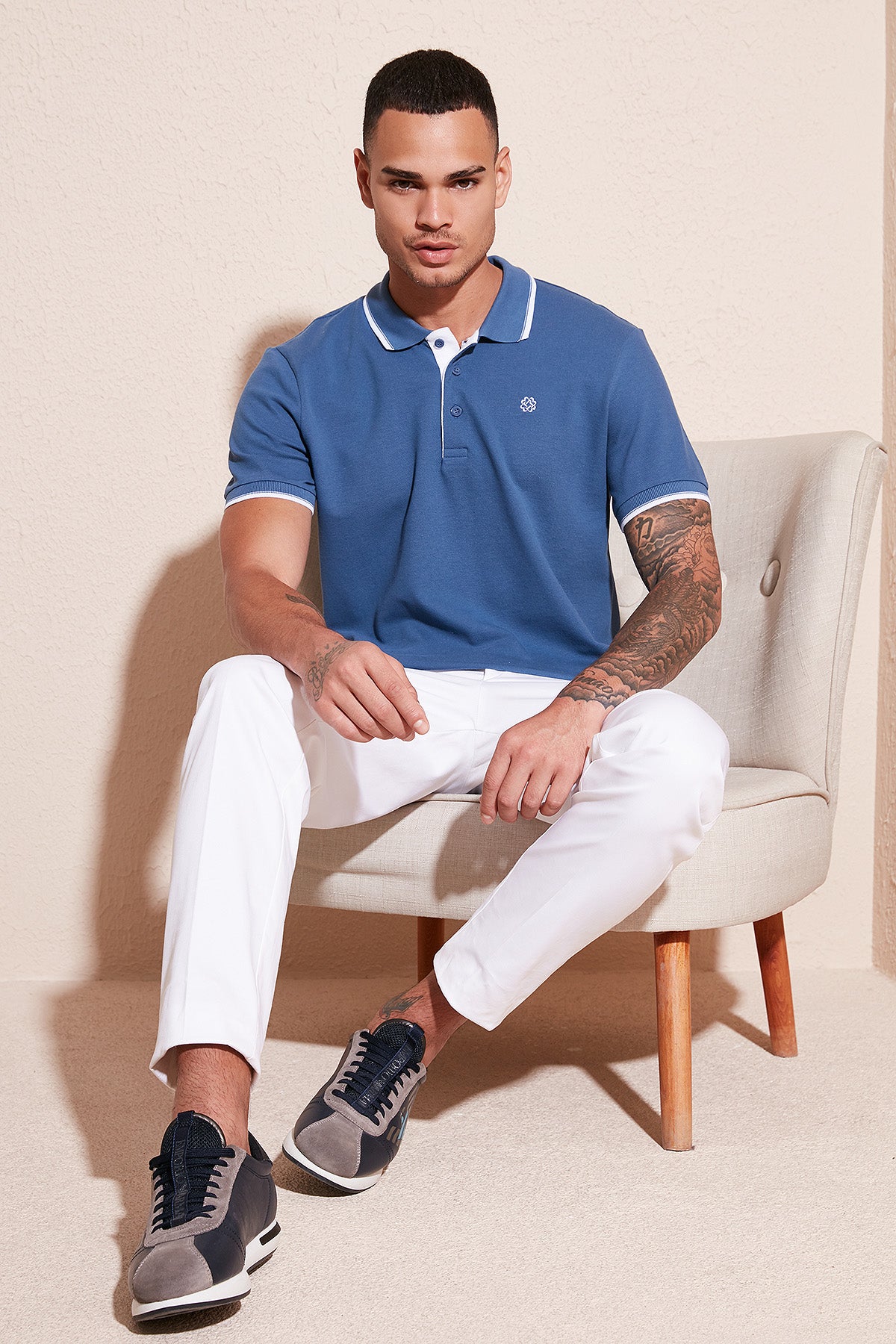Buratti % 100 Pamuk Düğmeli Slim Fit Erkek Polo Yaka T Shirt 5902118 Koyu Mavi-Beyaz