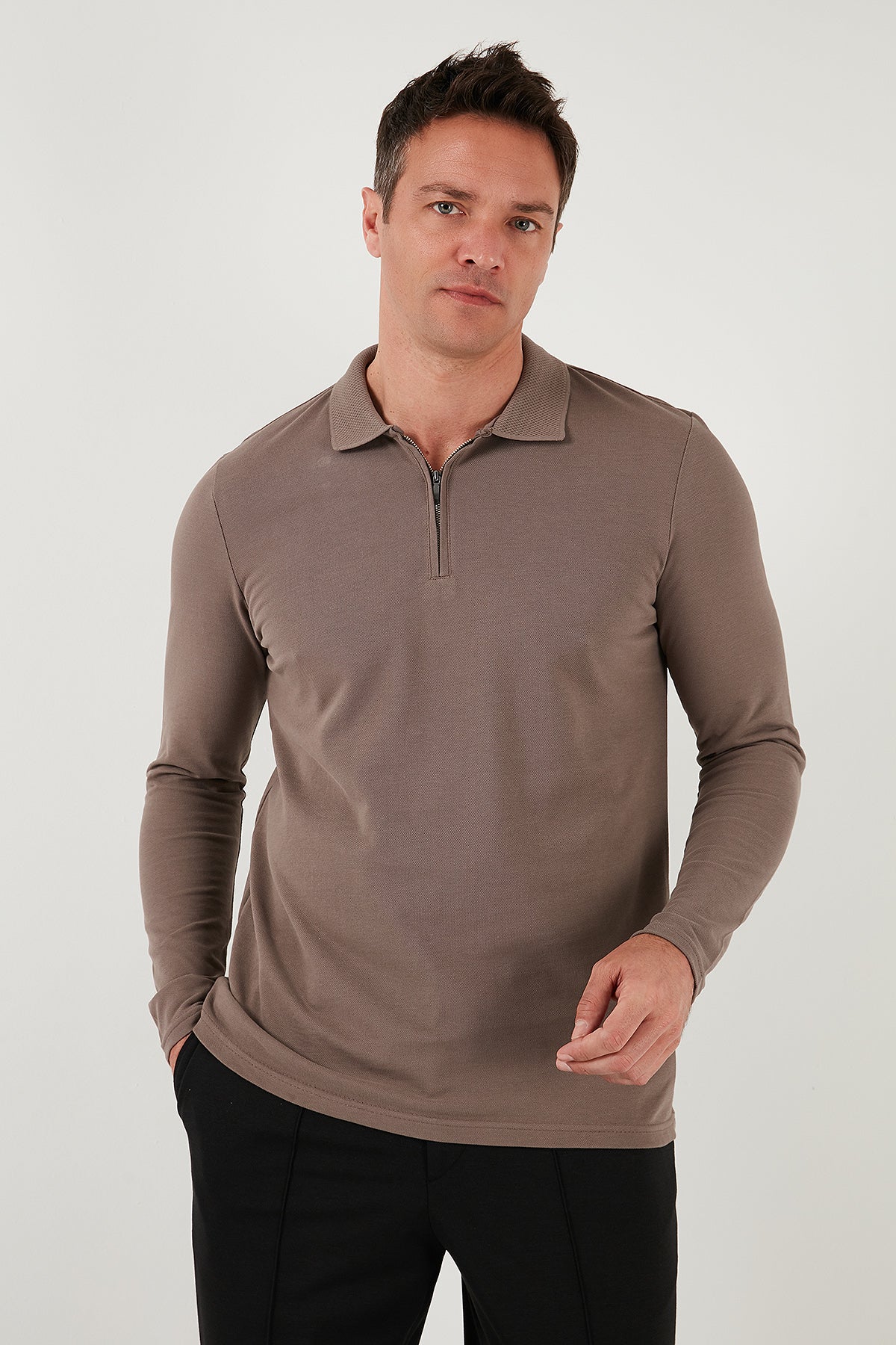 Buratti Pamuklu Slim Fit Yarım Fermuarlı Polo Yaka Erkek Sweat 5903010 TOPRAK