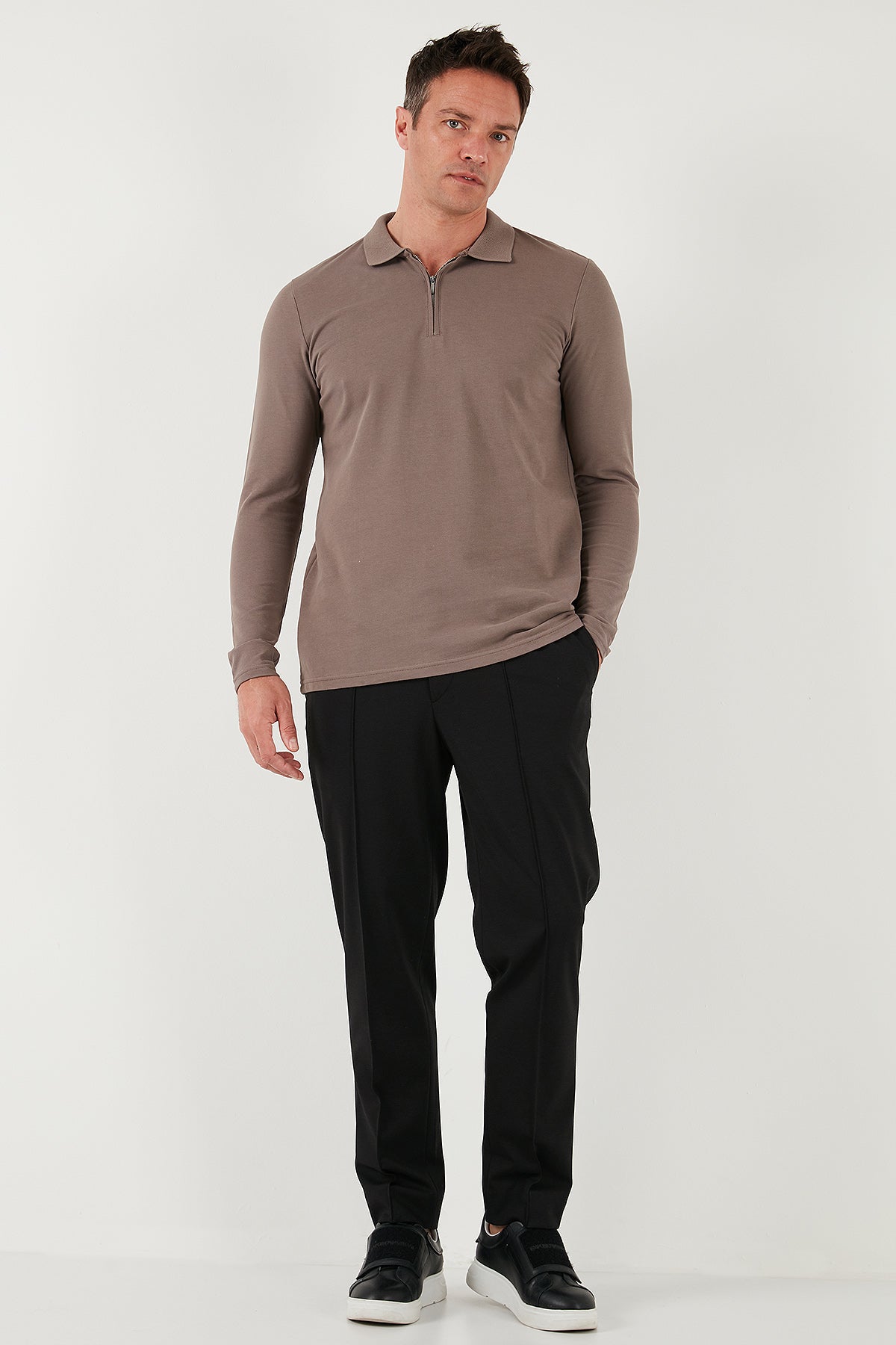 Buratti Pamuklu Slim Fit Yarım Fermuarlı Polo Yaka Erkek Sweat 5903010 TOPRAK