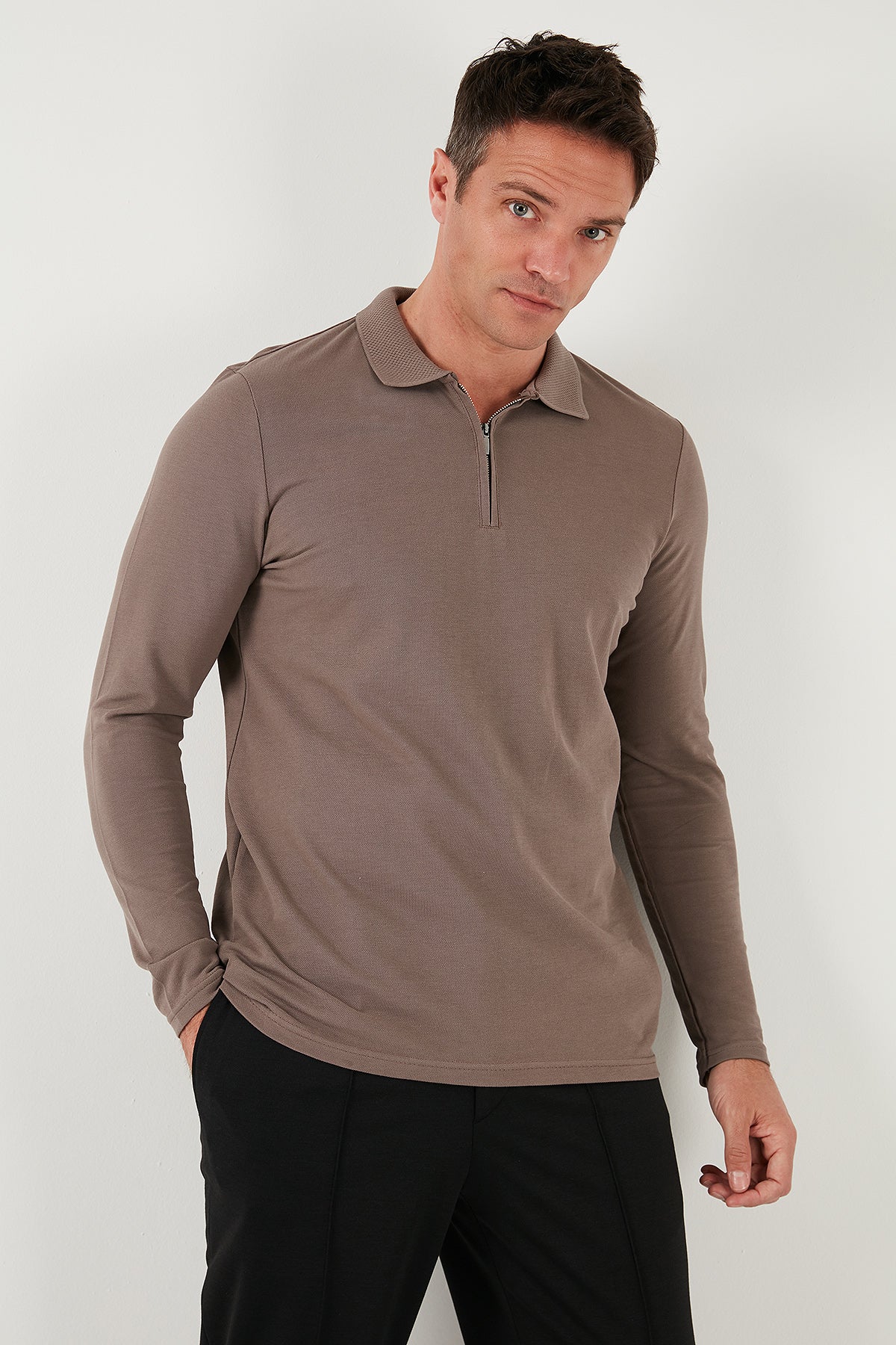 Buratti Pamuklu Slim Fit Yarım Fermuarlı Polo Yaka Erkek Sweat 5903010 TOPRAK