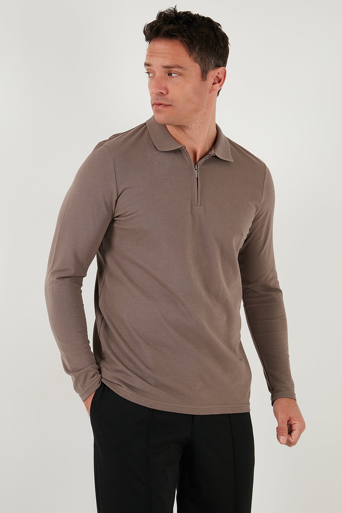 Buratti Pamuklu Slim Fit Yarım Fermuarlı Polo Yaka Erkek Sweat 5903010 TOPRAK