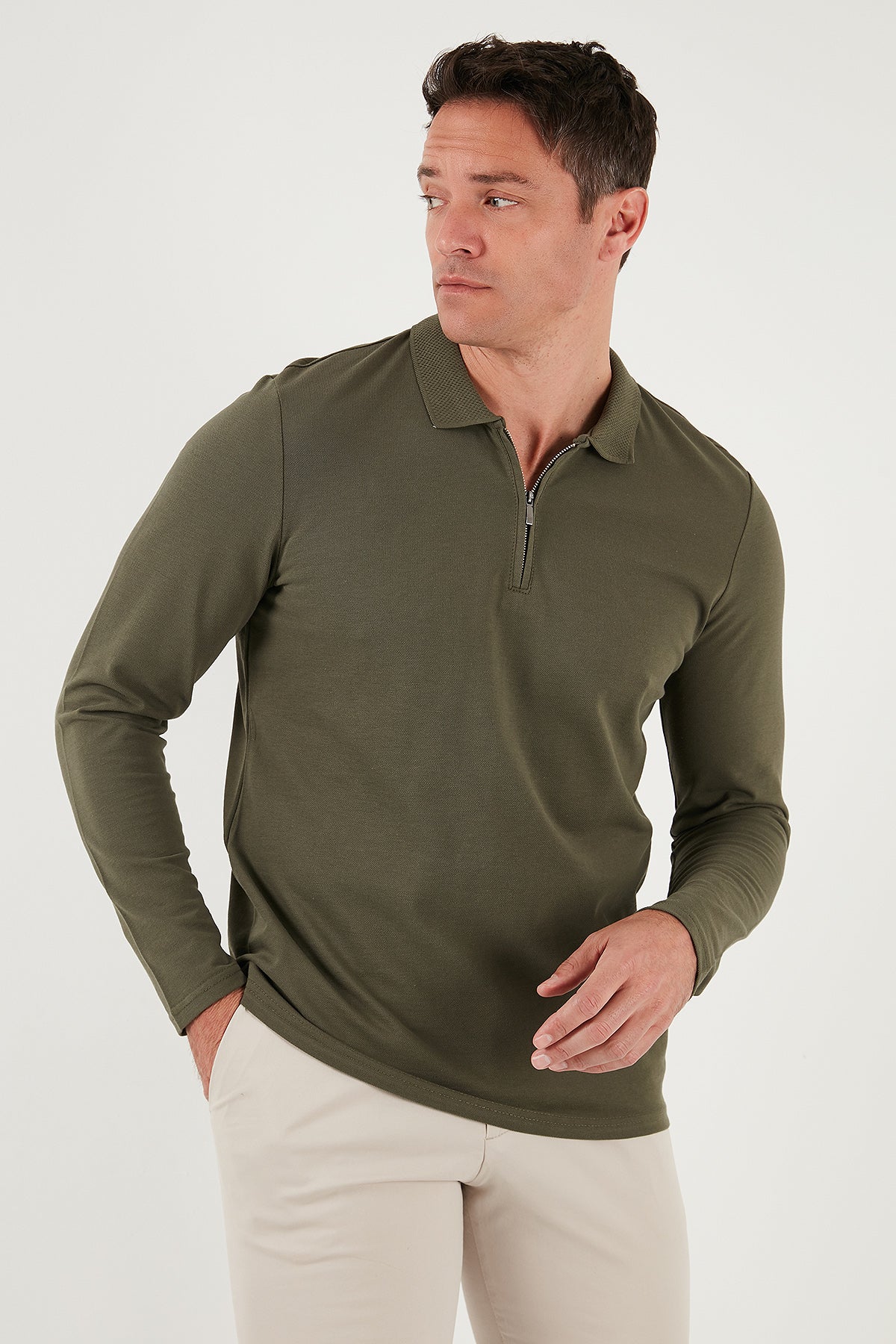 Buratti Pamuklu Slim Fit Yarım Fermuarlı Polo Yaka Erkek Sweat 5903010 HAKİ
