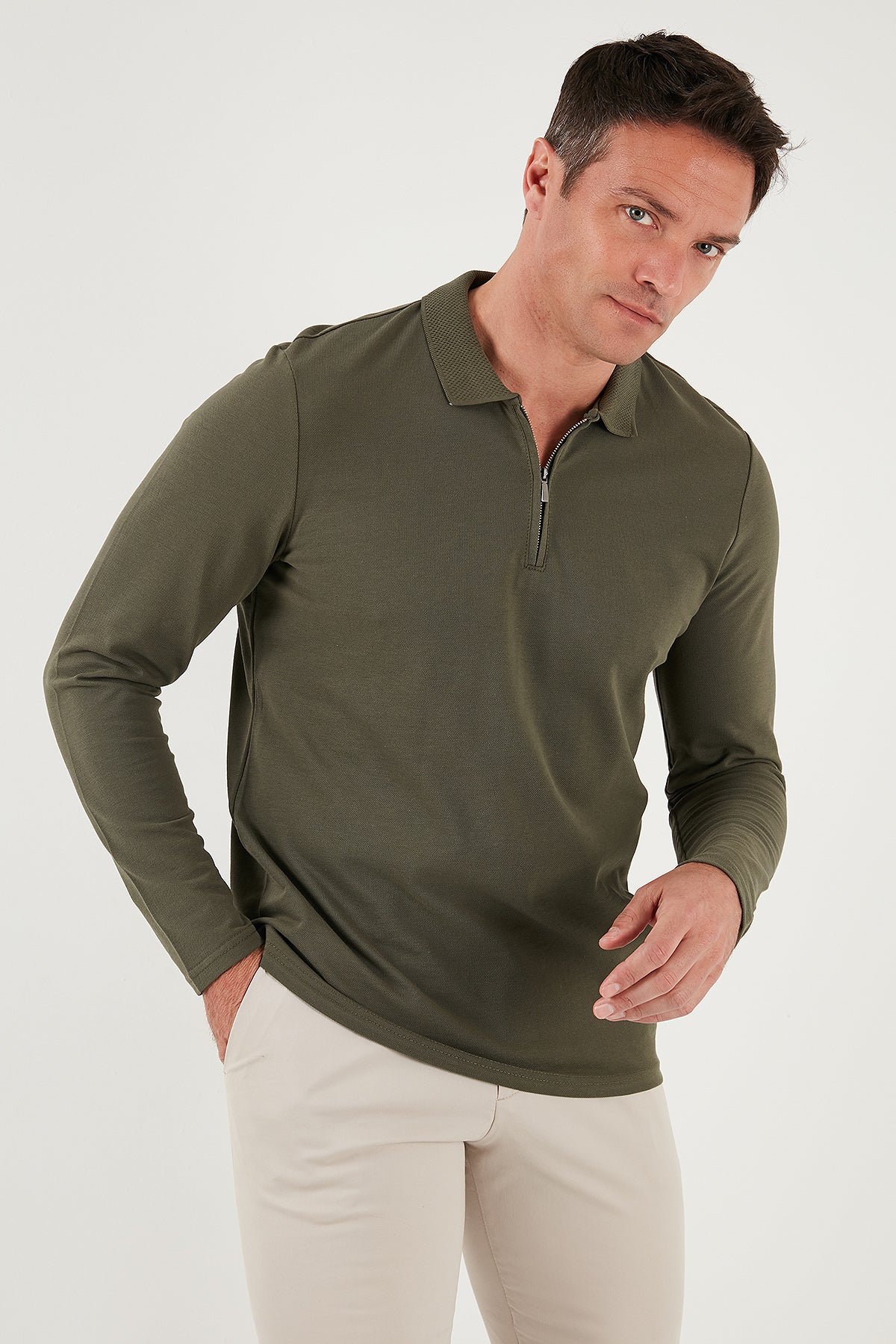 Buratti Pamuklu Slim Fit Yarım Fermuarlı Polo Yaka Erkek Sweat 5903010 HAKİ