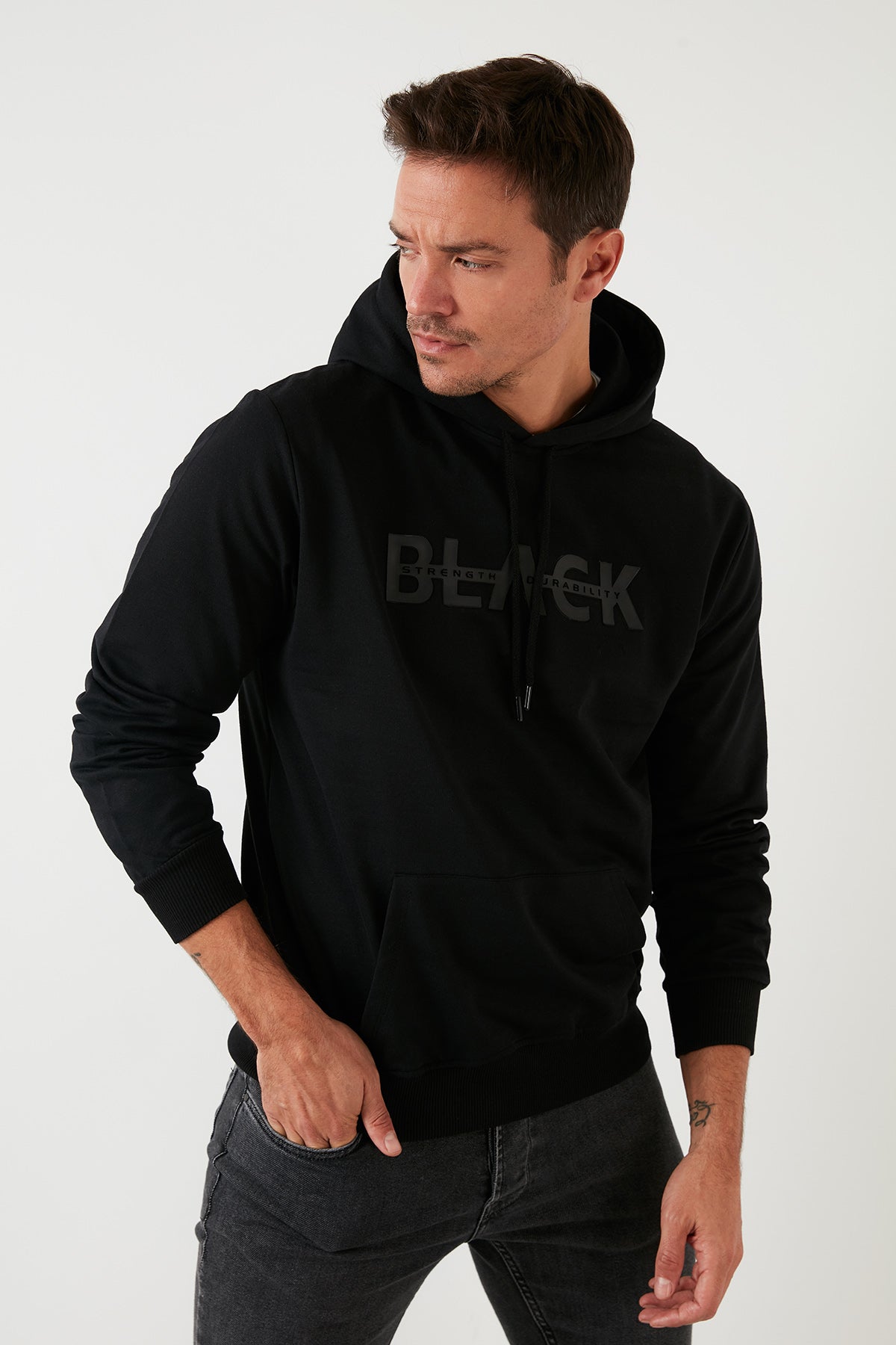 Buratti Slim Fit Baskılı Kapüşonlu Kanguru Cepli Pamuklu Erkek Sweat 5414013 SİYAH