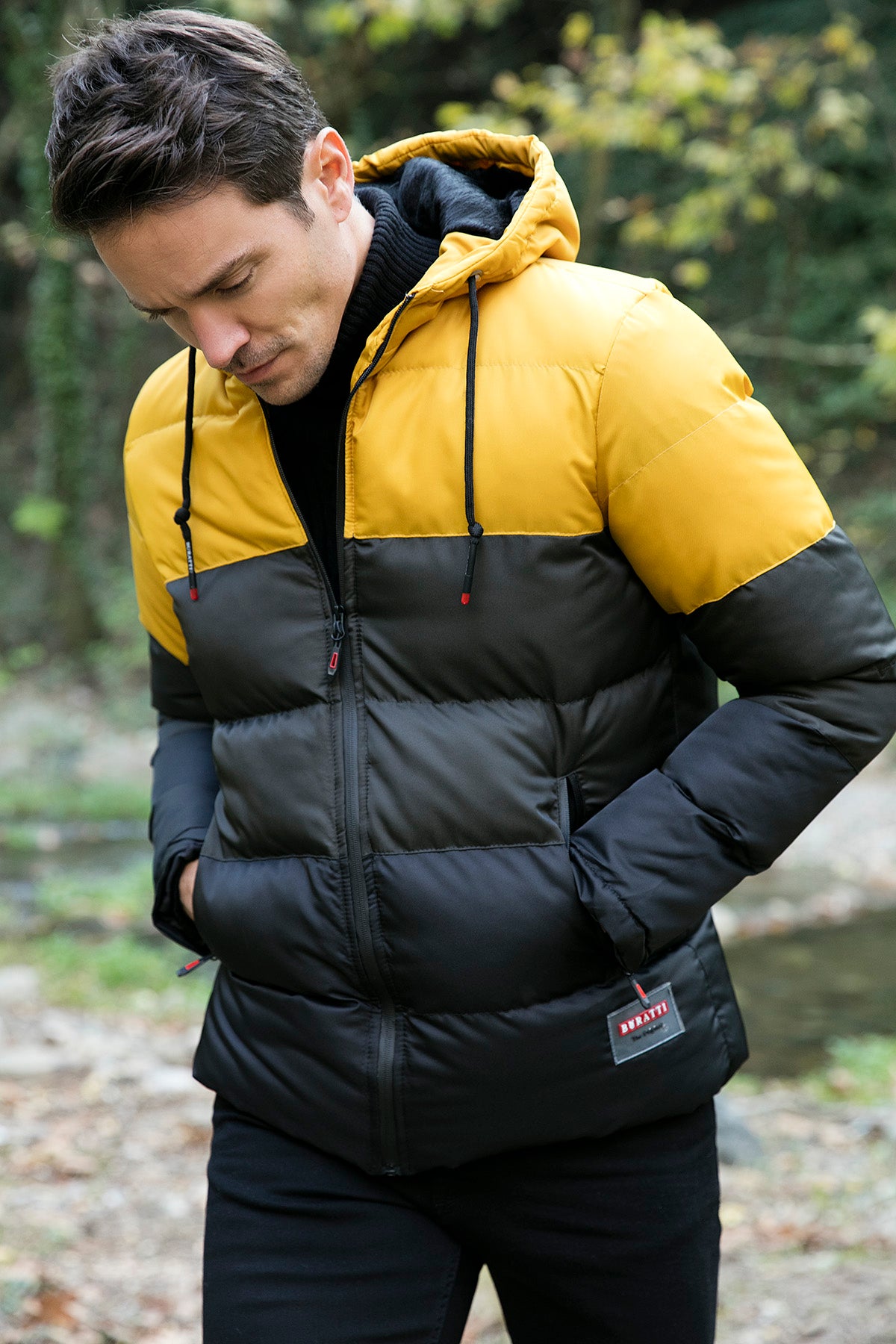 Buratti Renk Bloklu Kapüşonlu Ekstra Slim Fit Şişme Erkek Mont 5711205 Hardal-Haki-Siyah