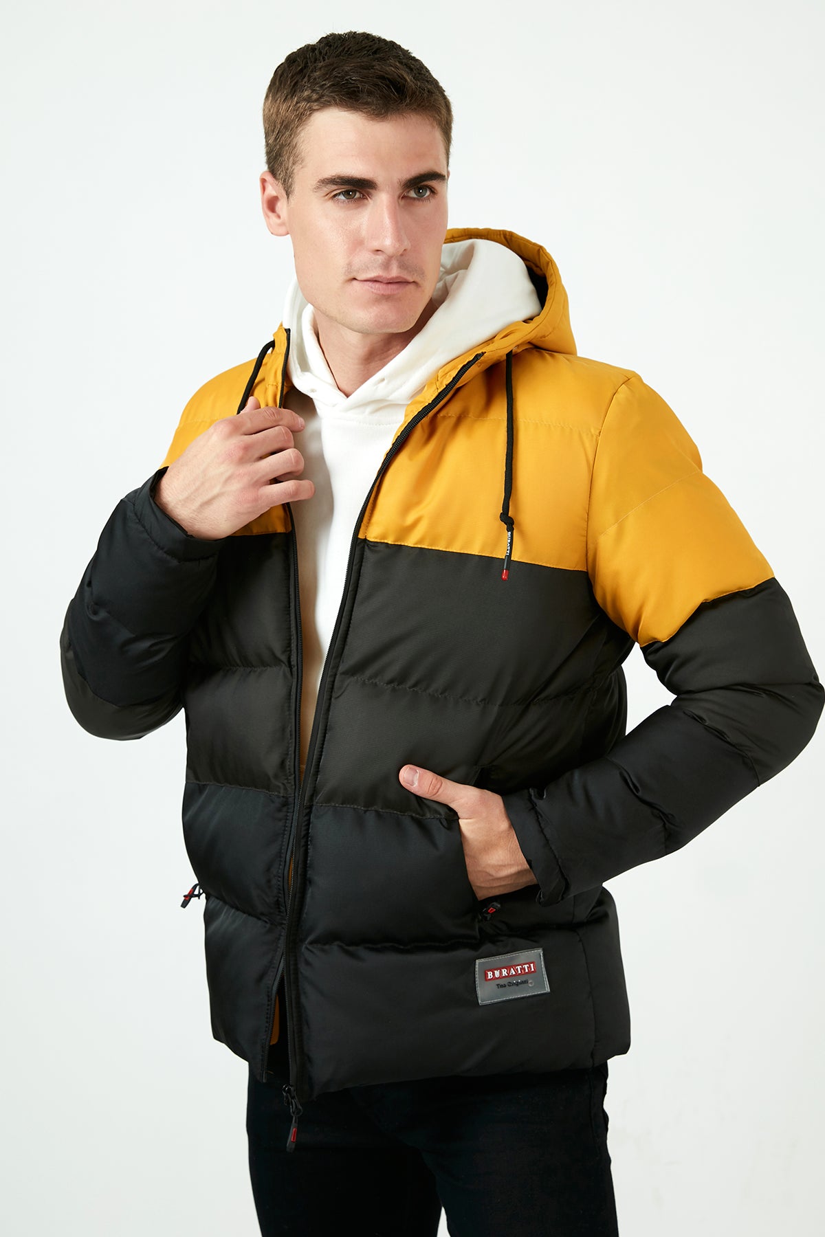 Buratti Renk Bloklu Kapüşonlu Ekstra Slim Fit Şişme Erkek Mont 5711205 Hardal-Haki-Siyah