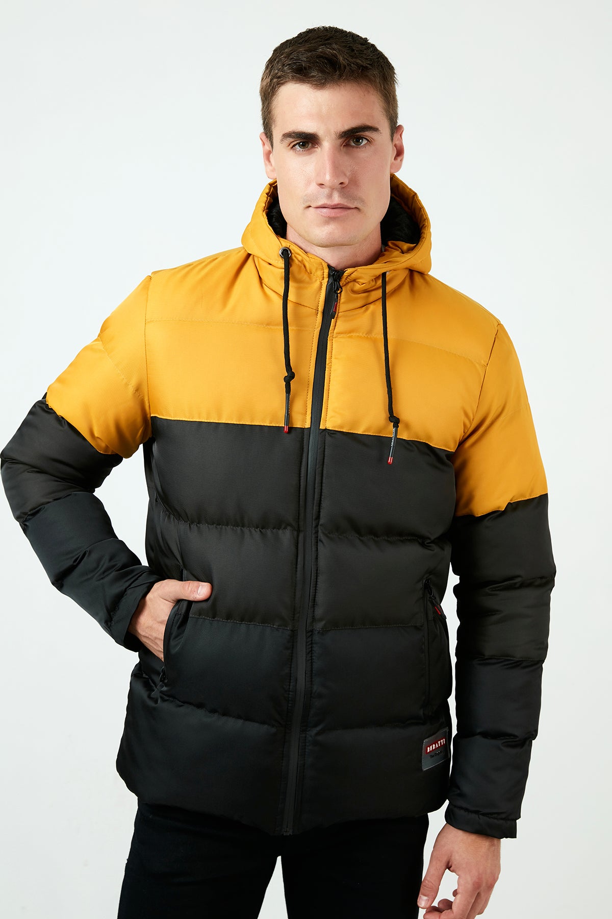Buratti Renk Bloklu Kapüşonlu Ekstra Slim Fit Şişme Erkek Mont 5711205 Hardal-Haki-Siyah