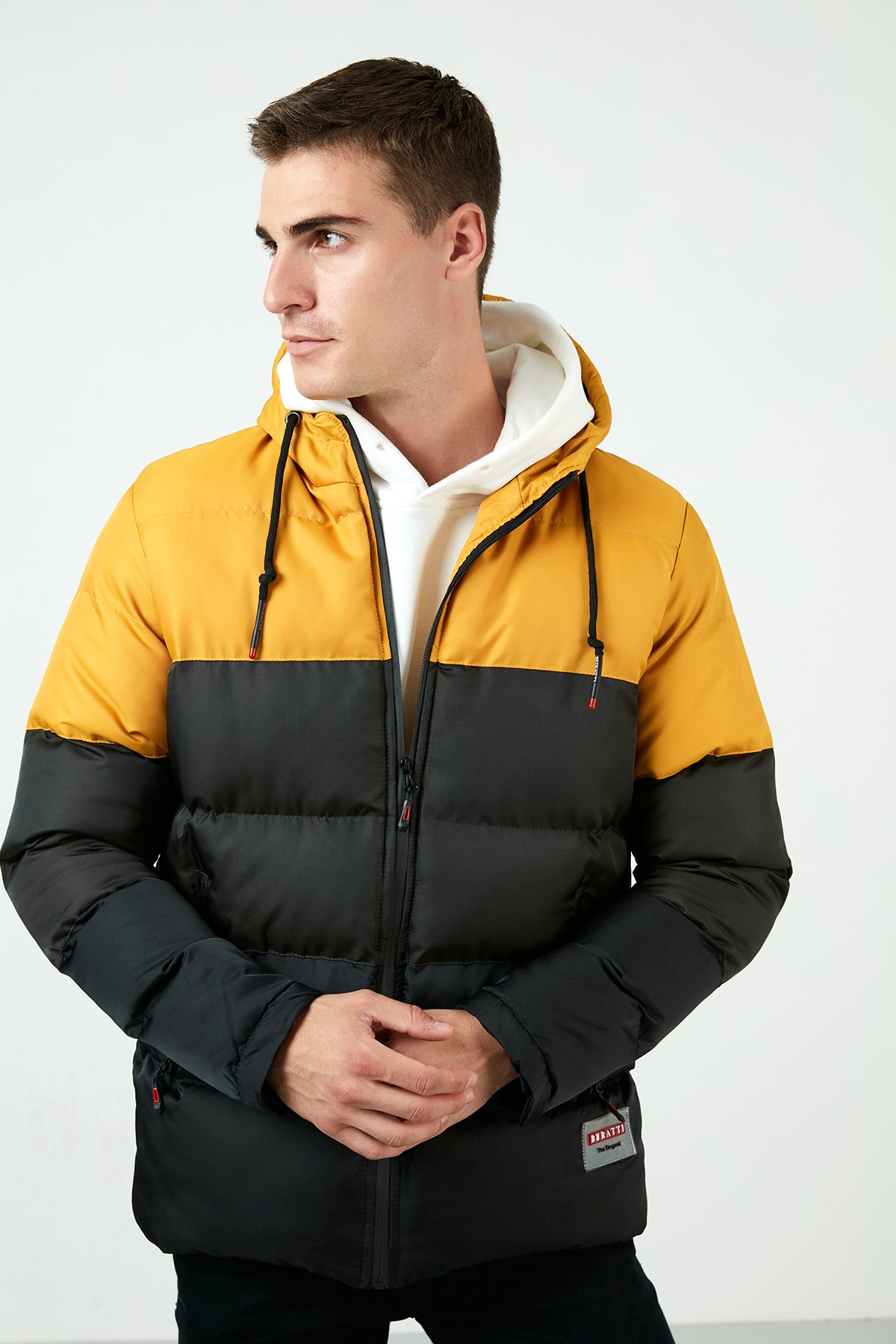 Buratti Renk Bloklu Kapüşonlu Ekstra Slim Fit Şişme Erkek Mont 5711205 Hardal-Haki-Siyah