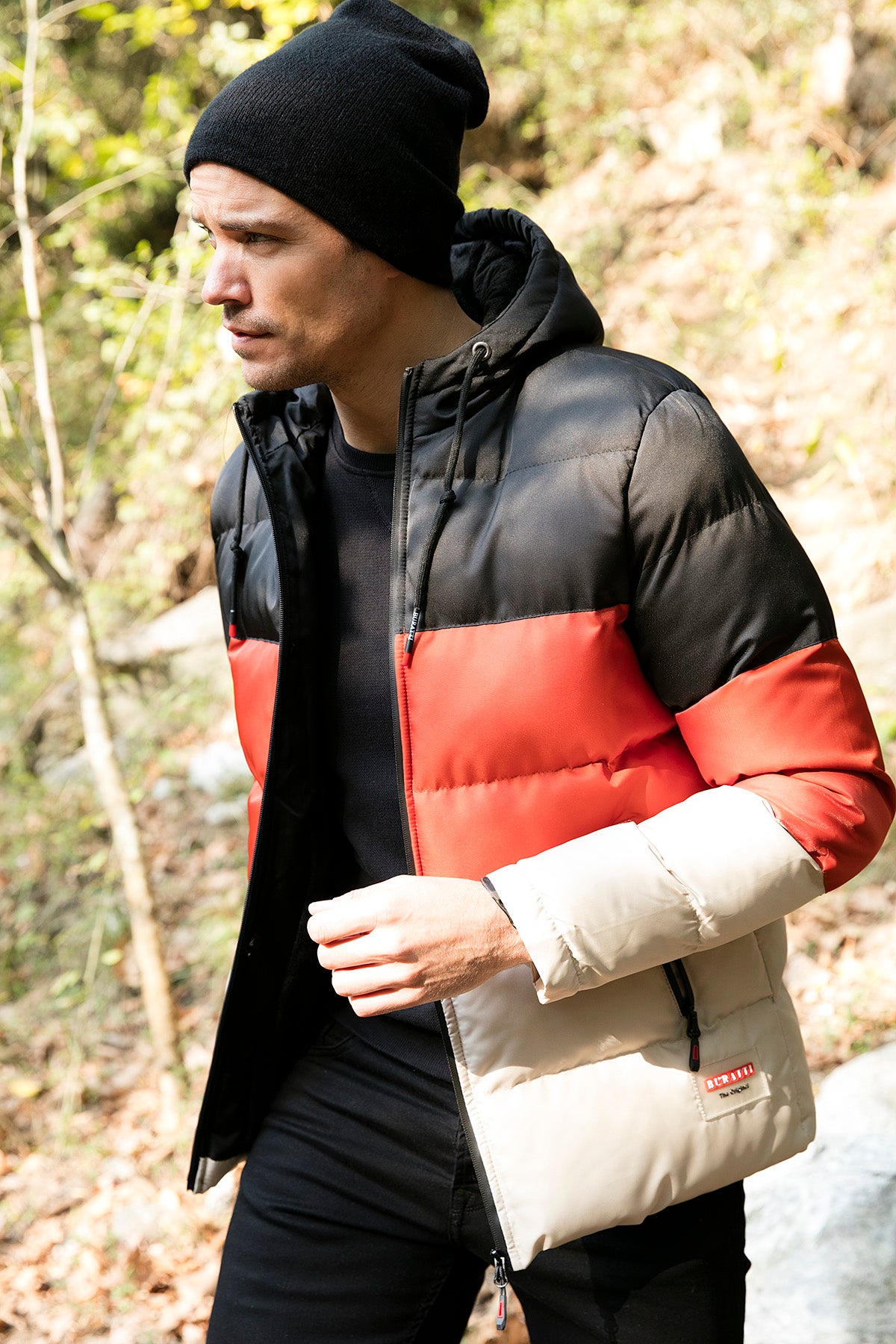 Buratti Renk Bloklu Kapüşonlu Ekstra Slim Fit Şişme Erkek Mont 5711205 Siyah-Kiremit-Taş
