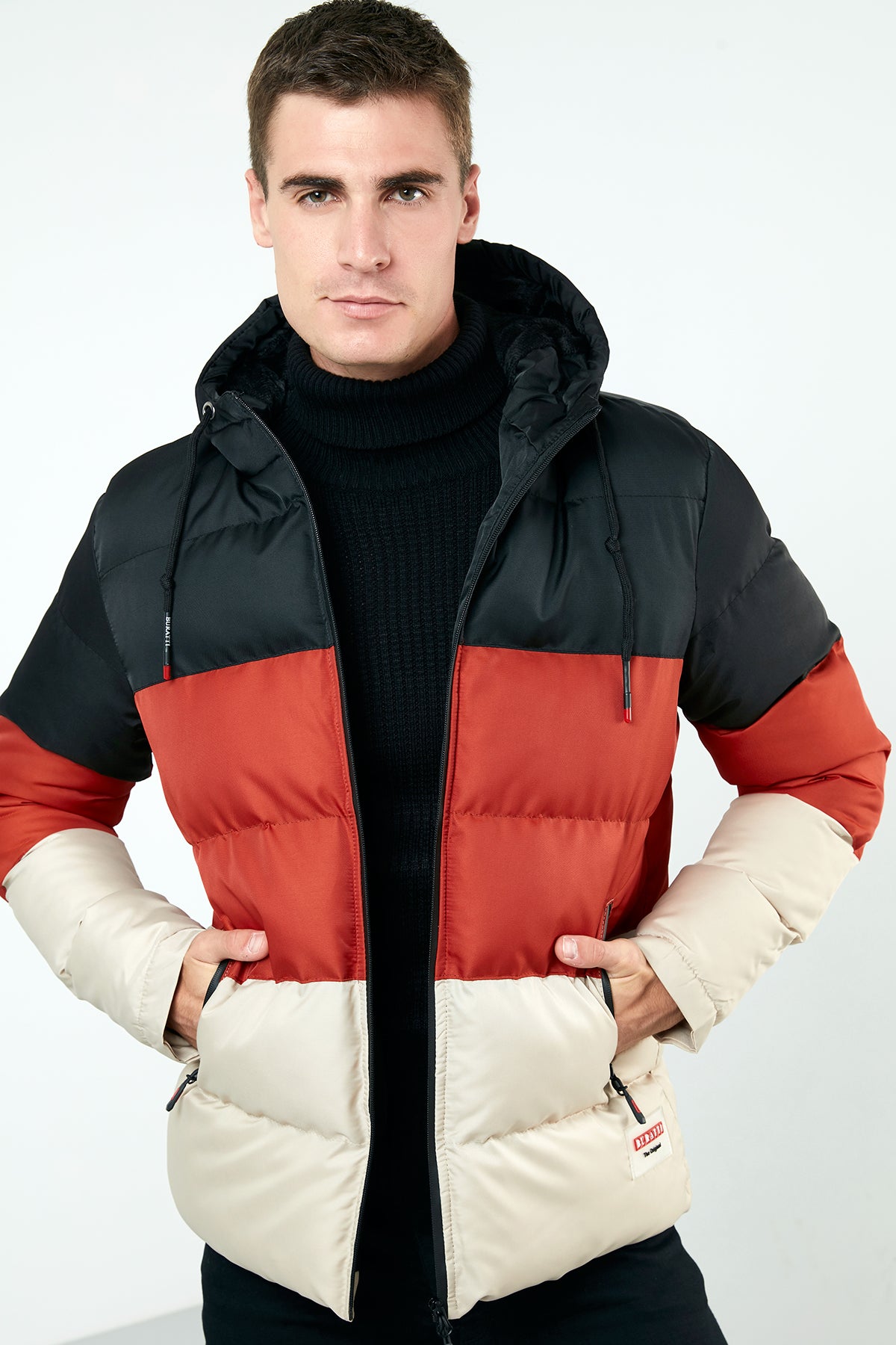Buratti Renk Bloklu Kapüşonlu Ekstra Slim Fit Şişme Erkek Mont 5711205 Siyah-Kiremit-Taş