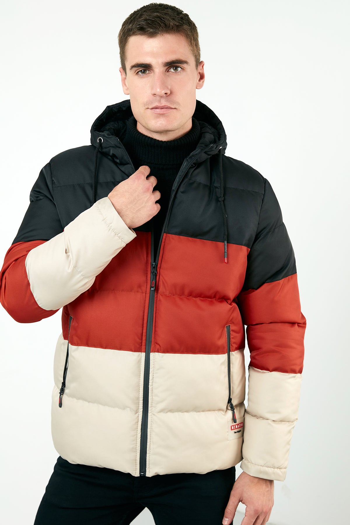 Buratti Renk Bloklu Kapüşonlu Ekstra Slim Fit Şişme Erkek Mont 5711205 Siyah-Kiremit-Taş