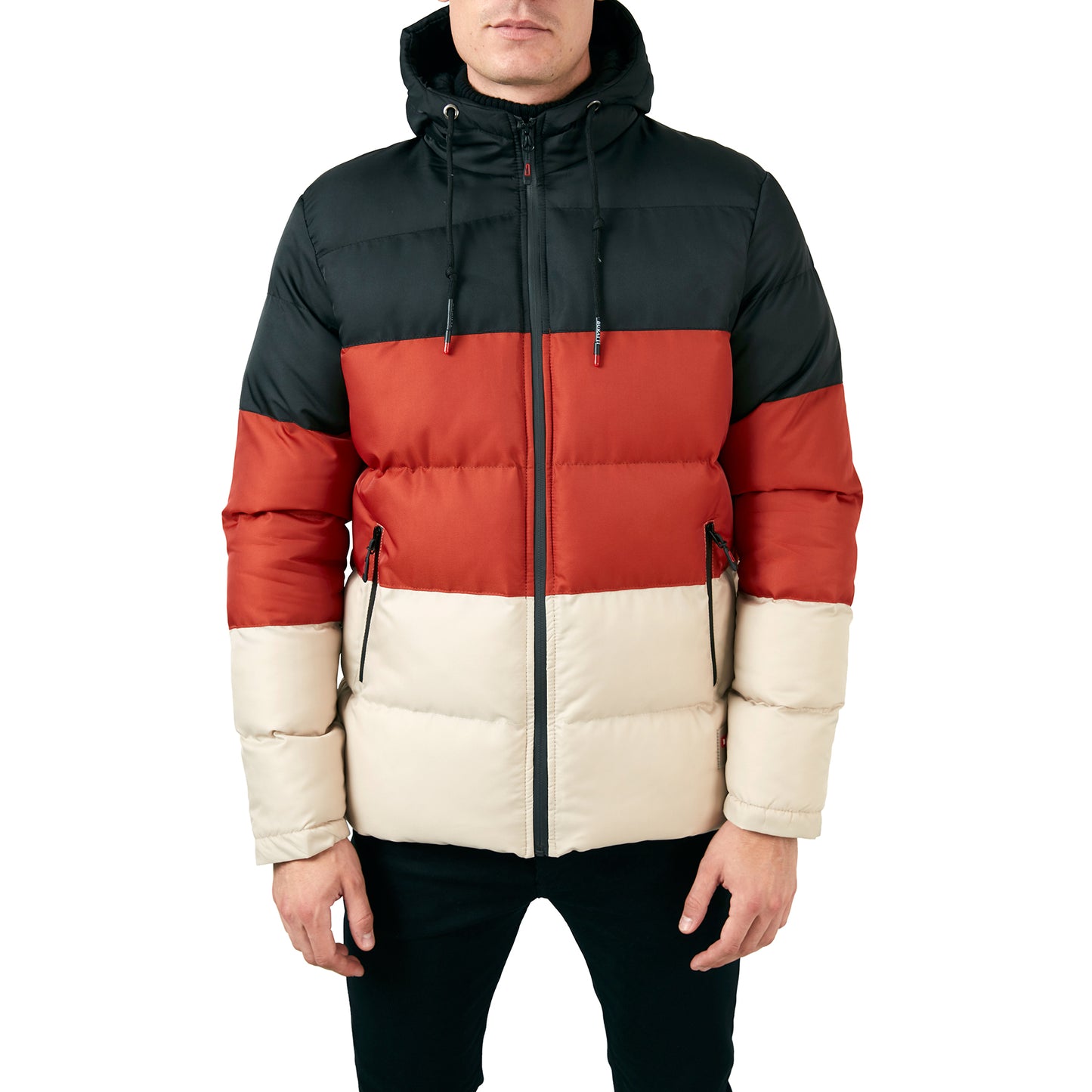 Buratti Renk Bloklu Kapüşonlu Ekstra Slim Fit Şişme Erkek Mont 5711205 Siyah-Kiremit-Taş