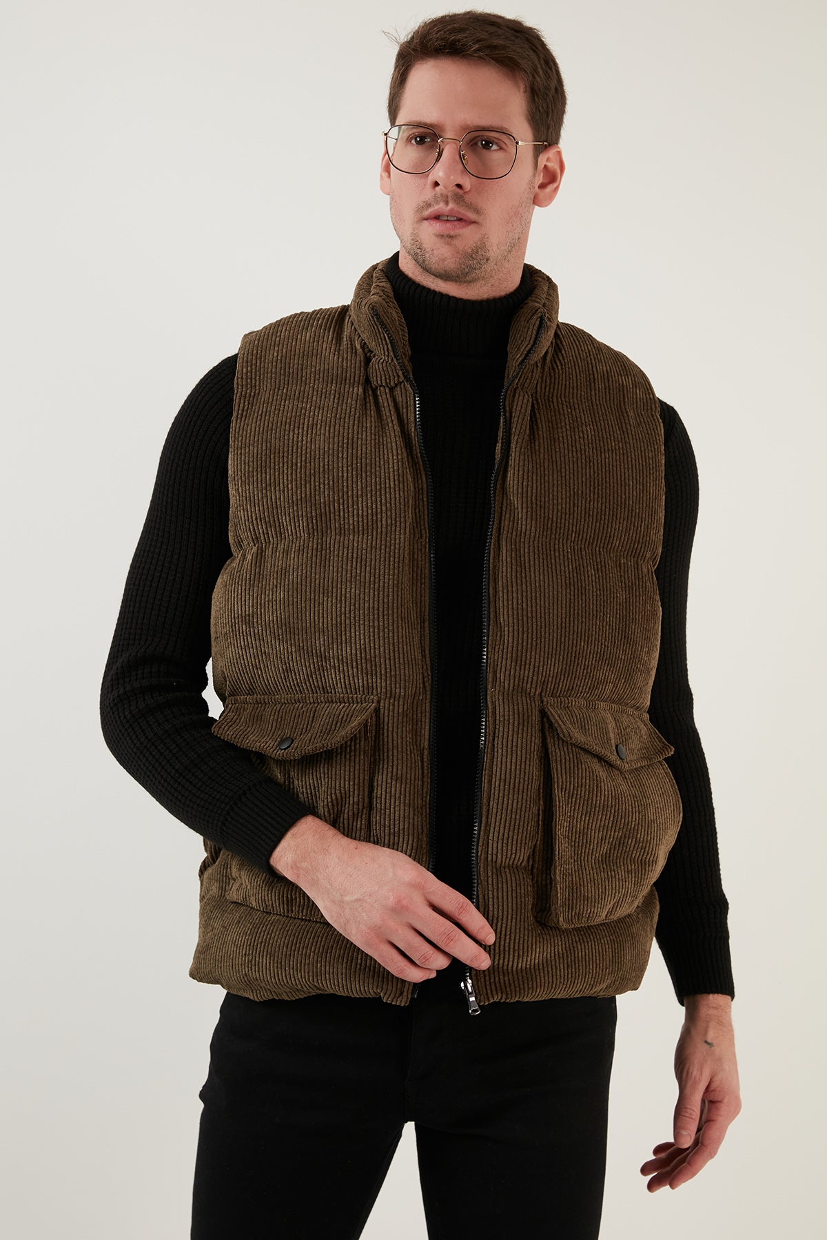 Buratti Fermuarlı Cepli Slim Fit Dik Yaka Kadife Erkek Yelek 5711436 HAKİ