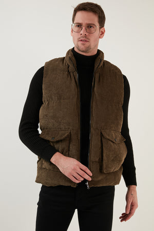 Buratti Fermuarlı Cepli Slim Fit Dik Yaka Kadife Erkek Yelek 5711436 HAKİ