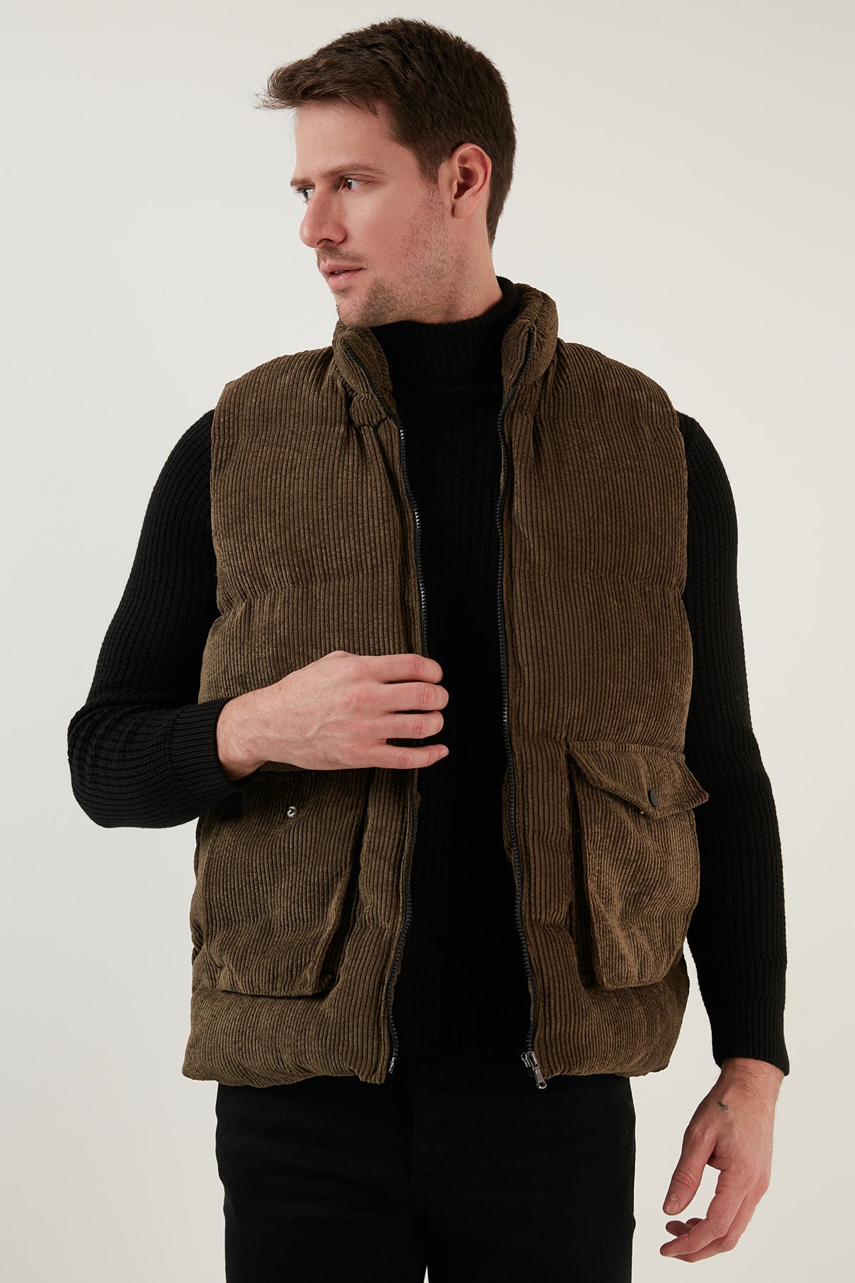 Buratti Fermuarlı Cepli Slim Fit Dik Yaka Kadife Erkek Yelek 5711436 HAKİ