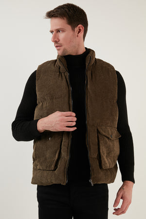 Buratti Fermuarlı Cepli Slim Fit Dik Yaka Kadife Erkek Yelek 5711436 HAKİ