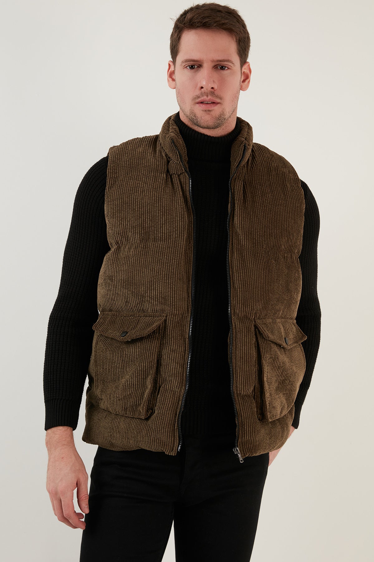 Buratti Fermuarlı Cepli Slim Fit Dik Yaka Kadife Erkek Yelek 5711436 HAKİ
