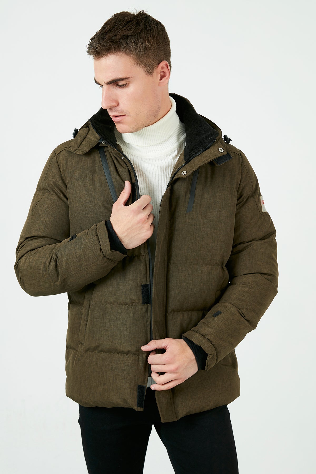 Buratti Peluş Astarlı Çıkarılabilir Kapüşonlu % 100 Pamuk Slim Fit Erkek Mont 571741 HAKİ