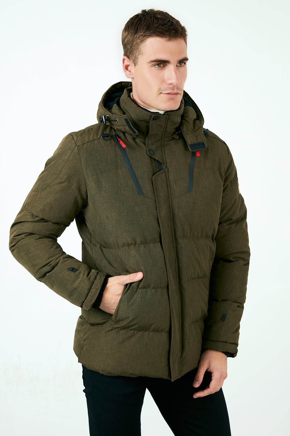 Buratti Peluş Astarlı Çıkarılabilir Kapüşonlu % 100 Pamuk Slim Fit Erkek Mont 571741 HAKİ
