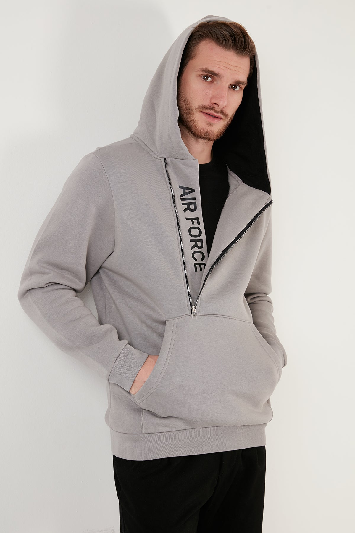 Buratti Kanguru Cepli Fermuarlı Kapüşon Yaka Slim Fit Erkek Sweat 575707 AÇIK GRİ