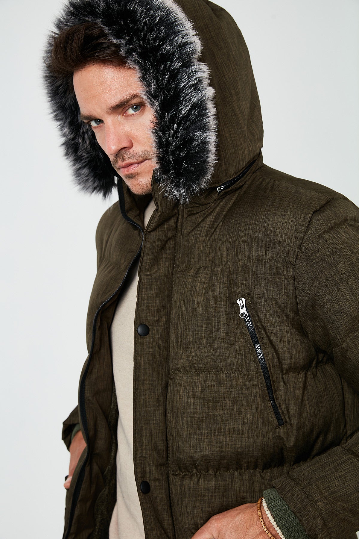 Buratti Slim Fit Suni Kürklü Peluş Astarlı Çıkarılabilir Kapüşonlu Şişme Erkek Mont 5760001 HAKİ