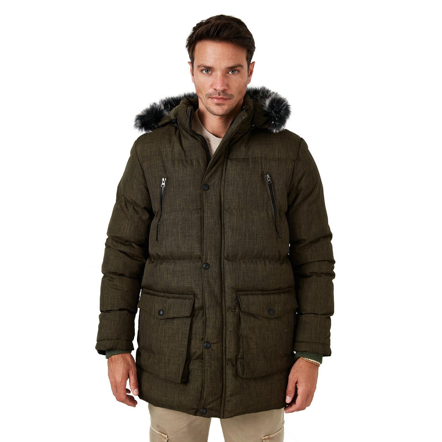 Buratti Slim Fit Suni Kürklü Peluş Astarlı Çıkarılabilir Kapüşonlu Şişme Erkek Mont 5760001 HAKİ