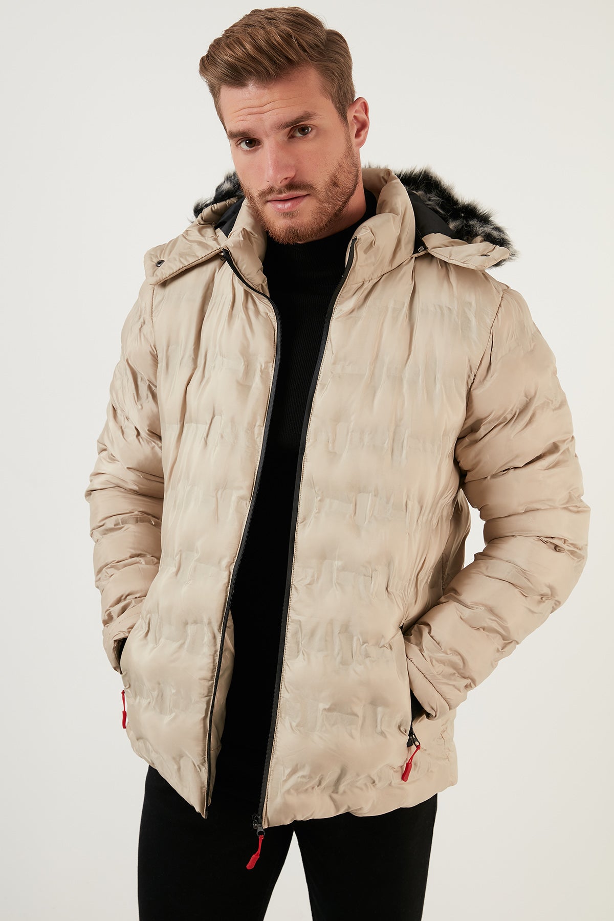 Buratti Slim Fit Fermuarlı Çıkarılabilir Kapüşonlu Şişme Erkek Mont 5760065 TAŞ