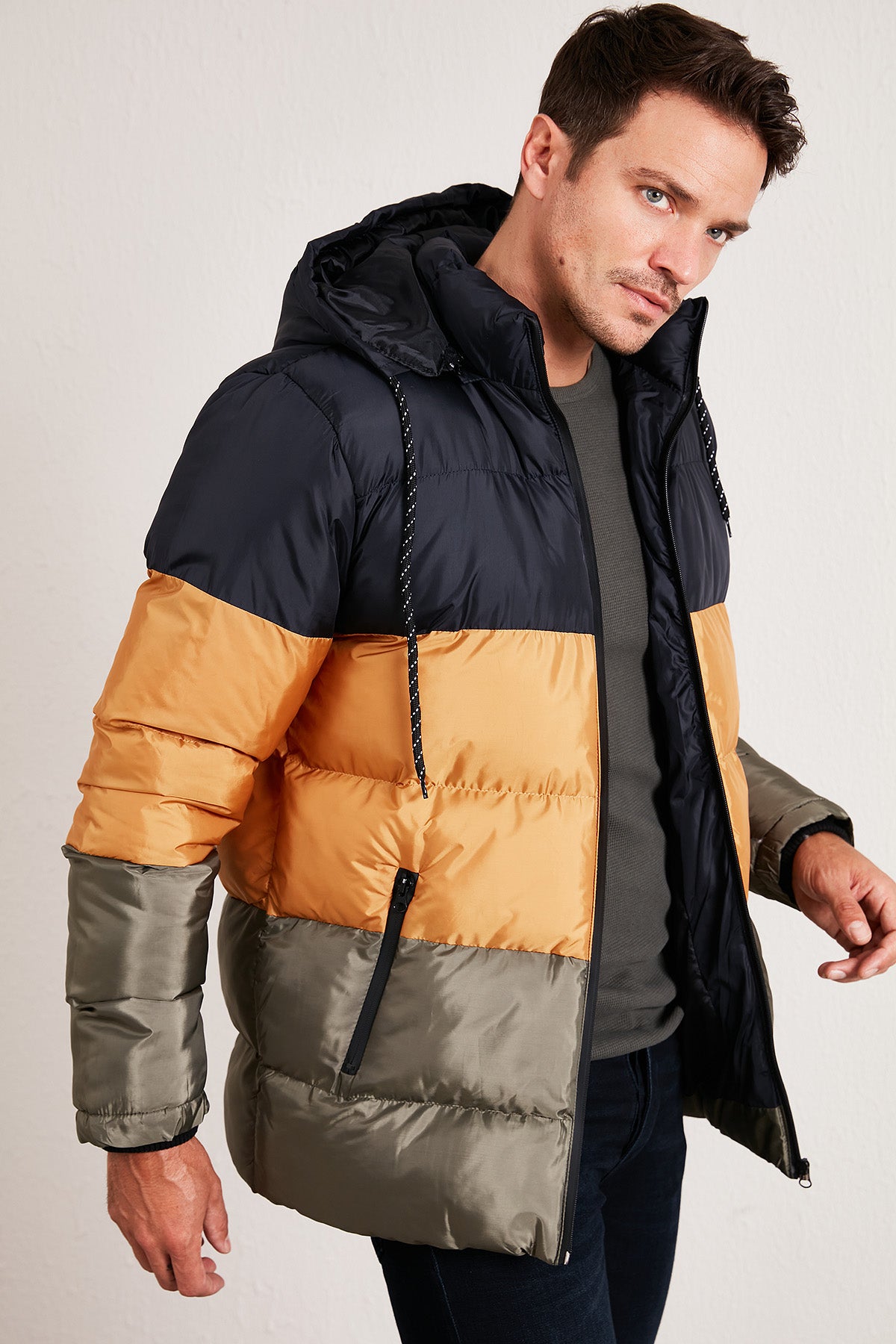 Buratti Slim Fit Çıkarılabilir Kapüşonlu Şişme Erkek Mont 5761090 Lacivert-Taba-Haki
