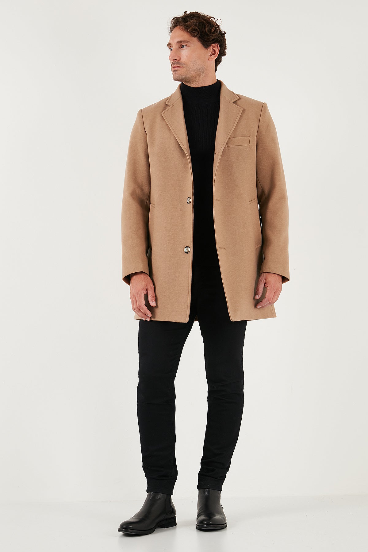 Buratti Slim Fit Tek Yırtmaçlı Düğmeli Mono Yaka Kaşe Erkek Kaban 5840098 CAMEL