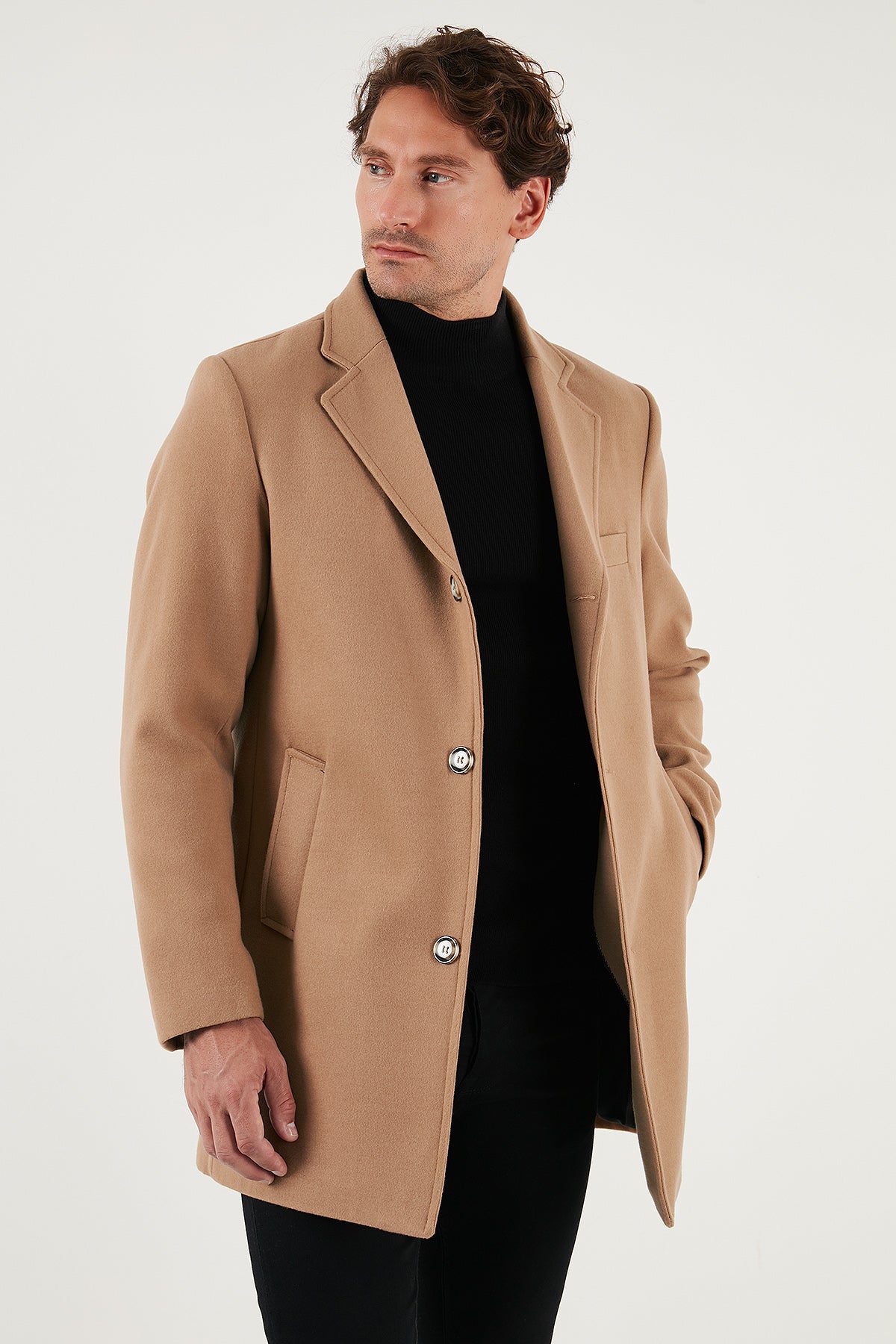 Buratti Slim Fit Tek Yırtmaçlı Düğmeli Mono Yaka Kaşe Erkek Kaban 5840098 CAMEL