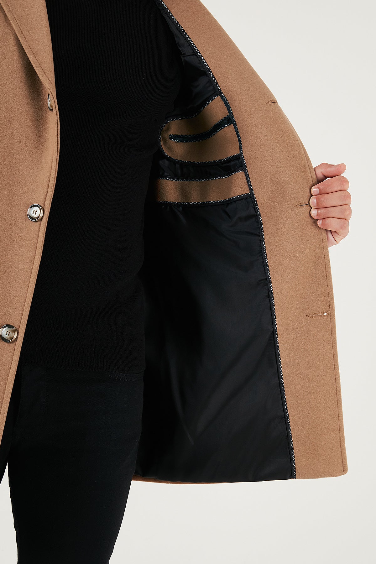 Buratti Slim Fit Tek Yırtmaçlı Düğmeli Mono Yaka Kaşe Erkek Kaban 5840098 CAMEL