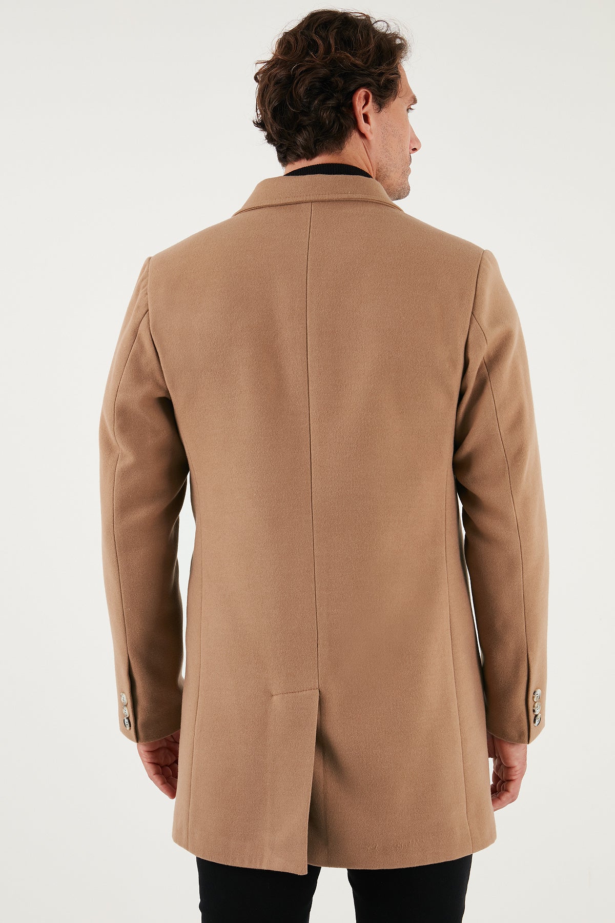 Buratti Slim Fit Tek Yırtmaçlı Düğmeli Mono Yaka Kaşe Erkek Kaban 5840098 CAMEL