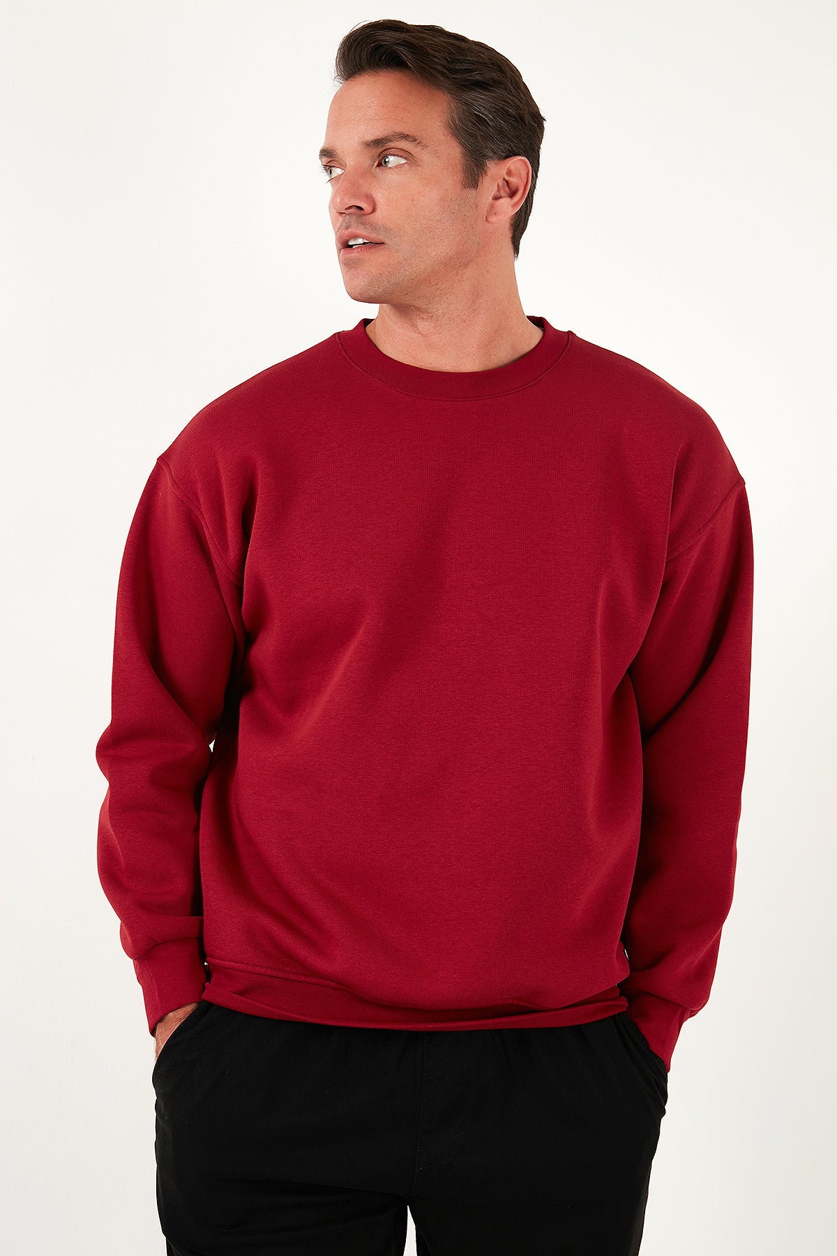 Buratti Regular Fit Bisiklet Yaka Pamuklu İçi Tüylü Yumuşak Şardonlu Erkek Sweat 5905255 BORDO