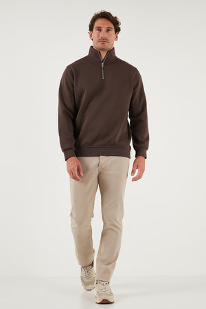 Buratti Pamuklu Regular Fit Yarım Fermuarlı Dik Yaka Erkek Sweat 59052592 KOYU KAHVE