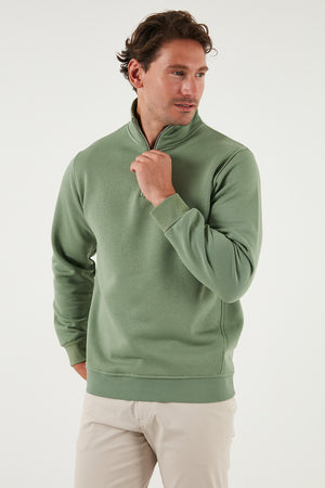 Buratti Pamuklu Regular Fit Yarım Fermuarlı Dik Yaka Erkek Sweat 59052592 ELMA YEŞİLİ