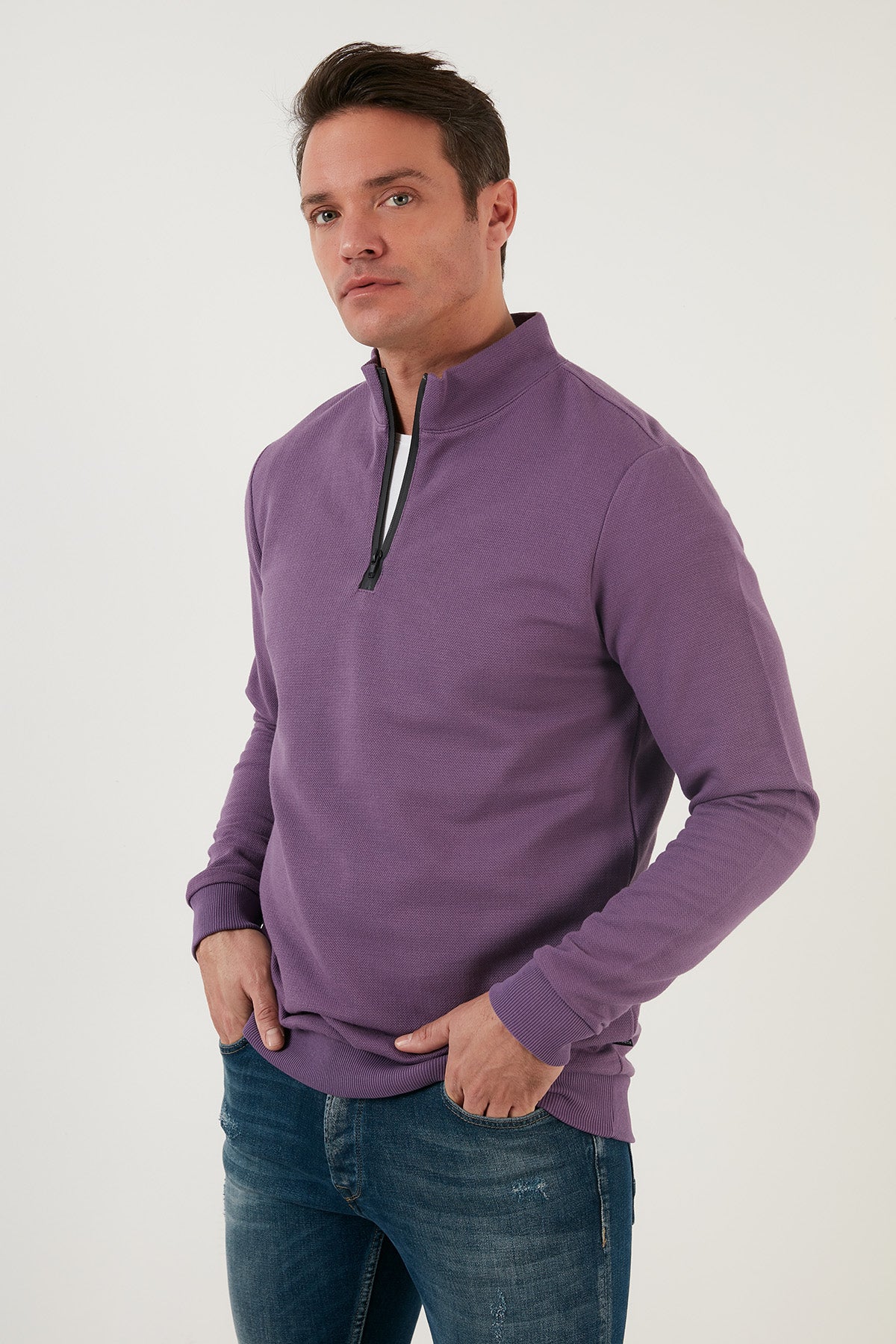 Buratti Pamuklu Slim Fit Yarım Fermuarlı Dik Yaka Erkek Sweat 5905400 MOR