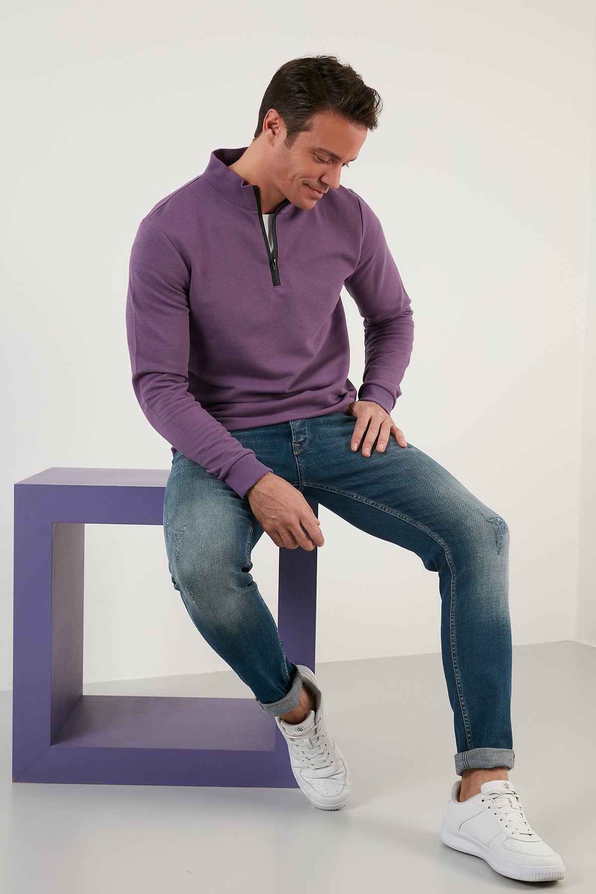 Buratti Pamuklu Slim Fit Yarım Fermuarlı Dik Yaka Erkek Sweat 5905400 MOR