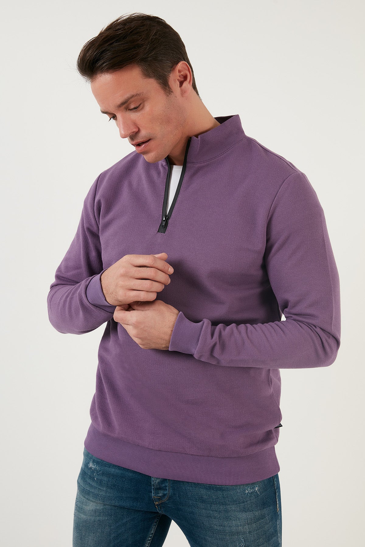 Buratti Pamuklu Slim Fit Yarım Fermuarlı Dik Yaka Erkek Sweat 5905400 MOR