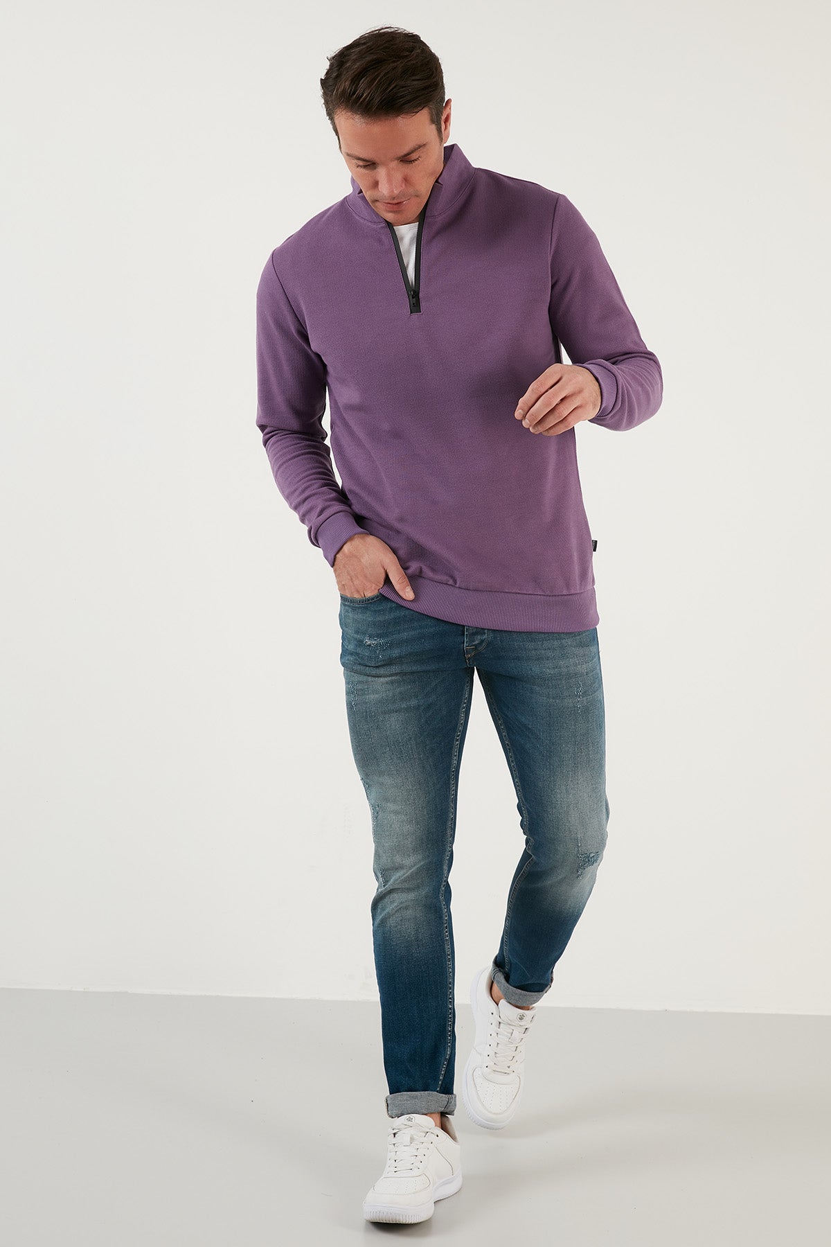 Buratti Pamuklu Slim Fit Yarım Fermuarlı Dik Yaka Erkek Sweat 5905400 MOR