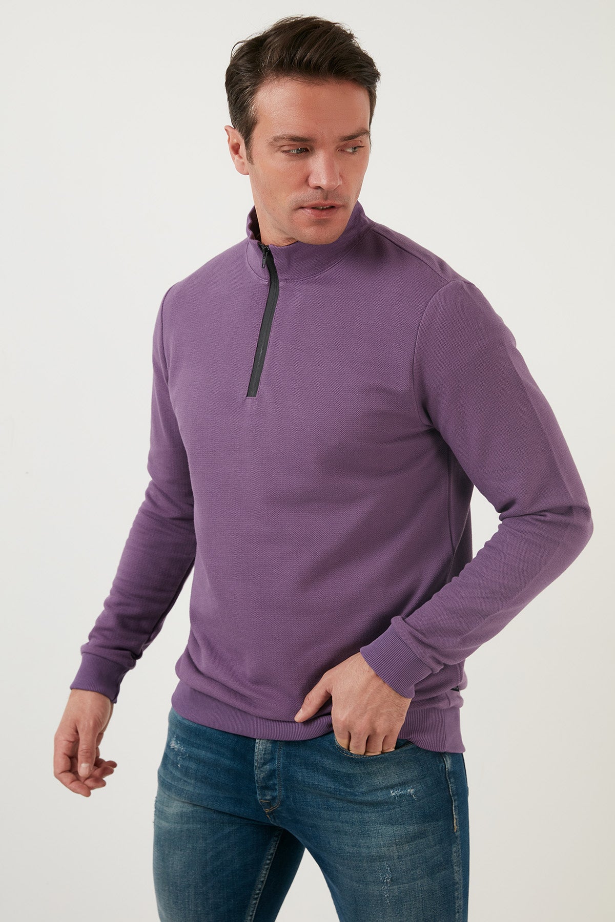 Buratti Pamuklu Slim Fit Yarım Fermuarlı Dik Yaka Erkek Sweat 5905400 MOR