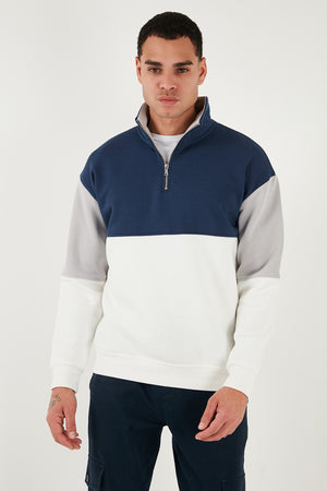 Buratti Renk Bloklu Regular Fit Yarım Fermuarlı Dik Yaka Erkek Sweat 5905719 EKRU