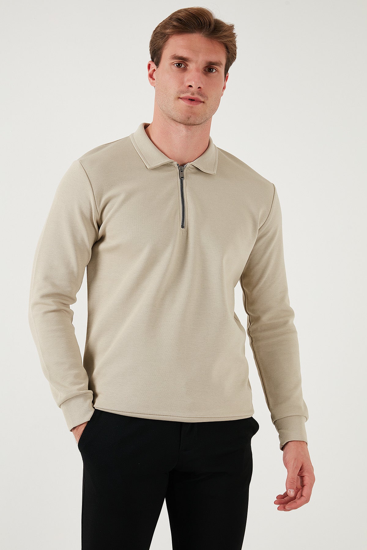 Buratti Pamuklu Regular Fit Yarım Fermuarlı Polo Yaka Erkek Sweat 5905789 TAŞ