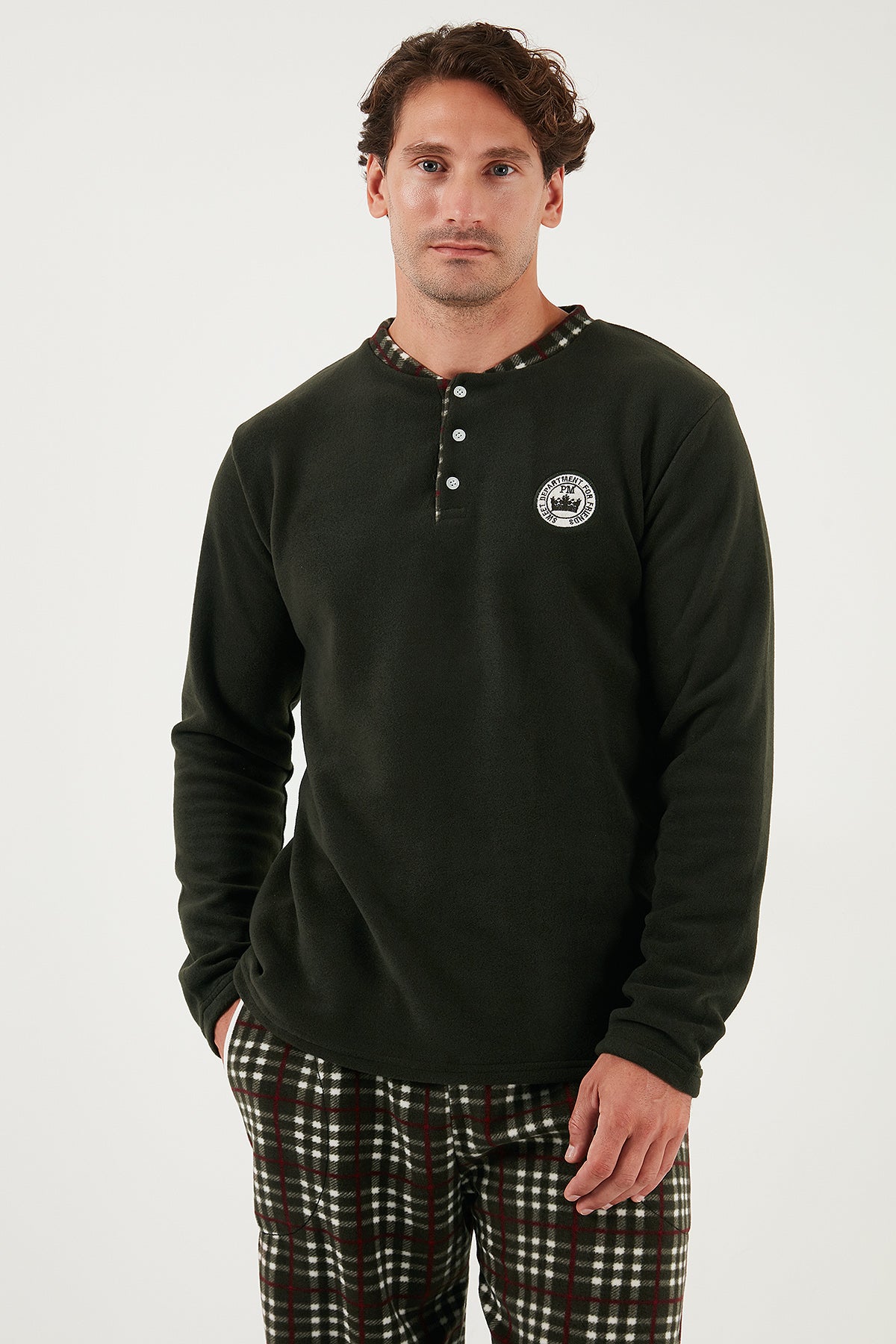 Buratti Regular Fit Bisiklet Yaka Kışlık Yumuşak Dokulu Polar Erkek Pijama Takımı 6096100 HAKİ