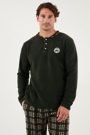 Buratti Regular Fit Bisiklet Yaka Kışlık Yumuşak Dokulu Polar Erkek Pijama Takımı 6096100 HAKİ