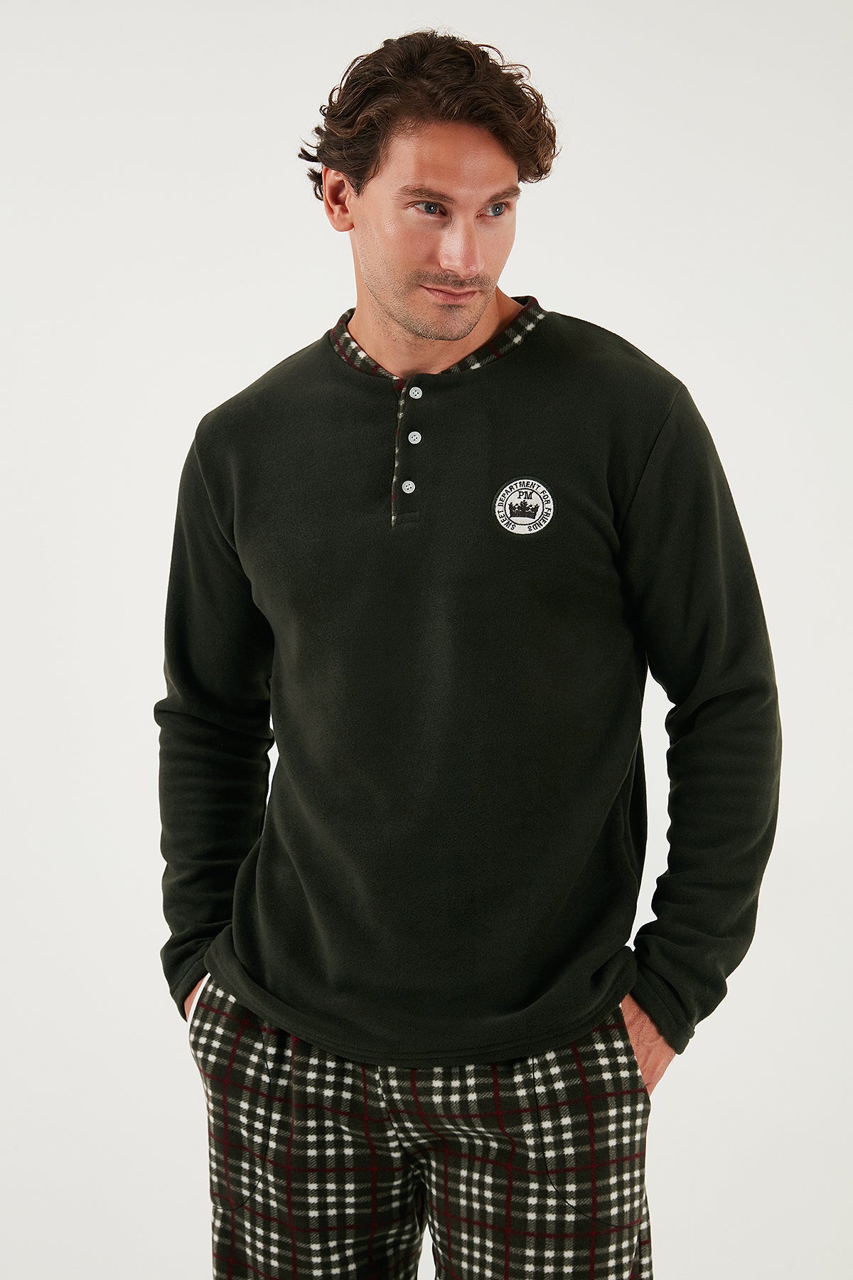 Buratti Regular Fit Bisiklet Yaka Kışlık Yumuşak Dokulu Polar Erkek Pijama Takımı 6096100 HAKİ