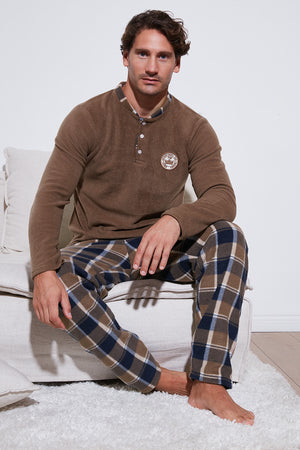 Buratti Ekoseli Regular Fit Düğmeli Bisiklet Yaka Kışlık Polar Erkek Pijama Takımı 60961008 CAMEL