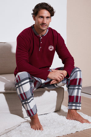 Buratti Ekoseli Regular Fit Düğmeli Bisiklet Yaka Kışlık Polar Erkek Pijama Takımı 60961008 BORDO
