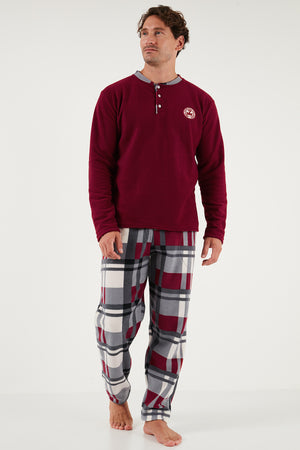 Buratti Ekoseli Regular Fit Düğmeli Bisiklet Yaka Kışlık Polar Erkek Pijama Takımı 60961008 BORDO