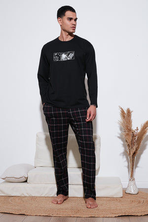 Buratti Ekoseli Pamuklu Regular Fit Yüksek Bel Bisiklet Yaka Erkek Pijama Takımı 6574000 SİYAH